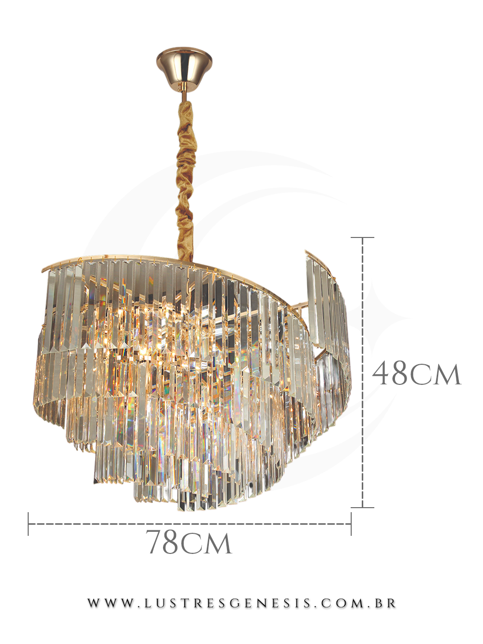 Lustre Moderno de Cristal Dourado 80x50cm Redondo, Sala de Jantar, Mesa Sala de Jantar, Sala de Estar, Quarto Casal, Suite Master